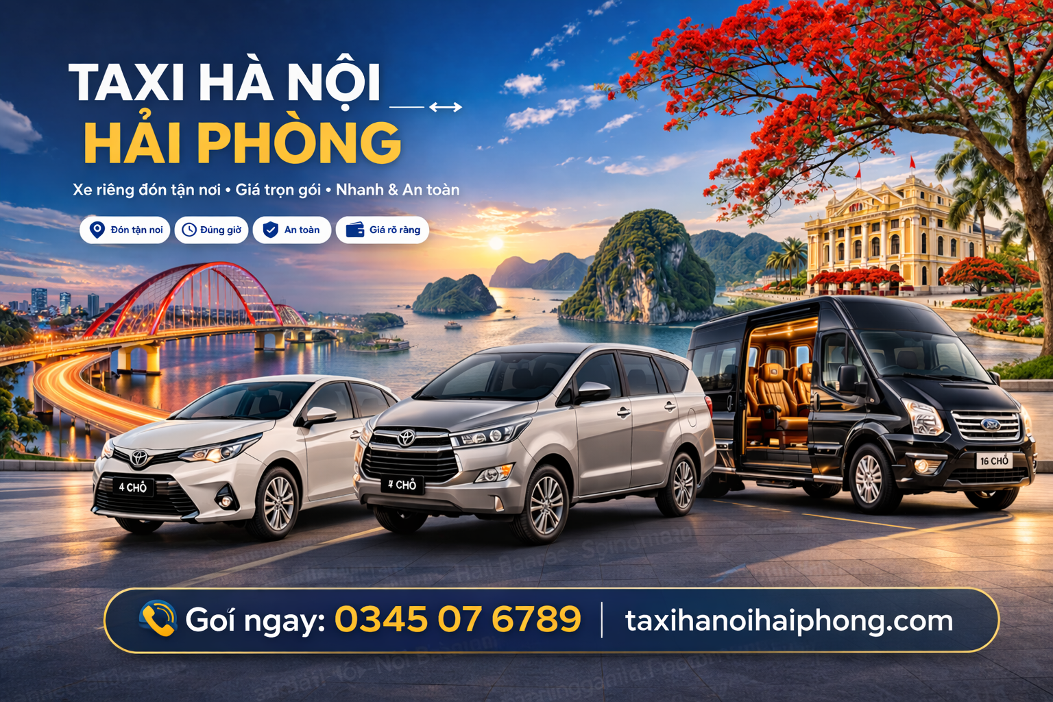 Taxi Hà Nội Hải Phòng giá rẻ, xe riêng 4 chỗ 7 chỗ 16 chỗ
